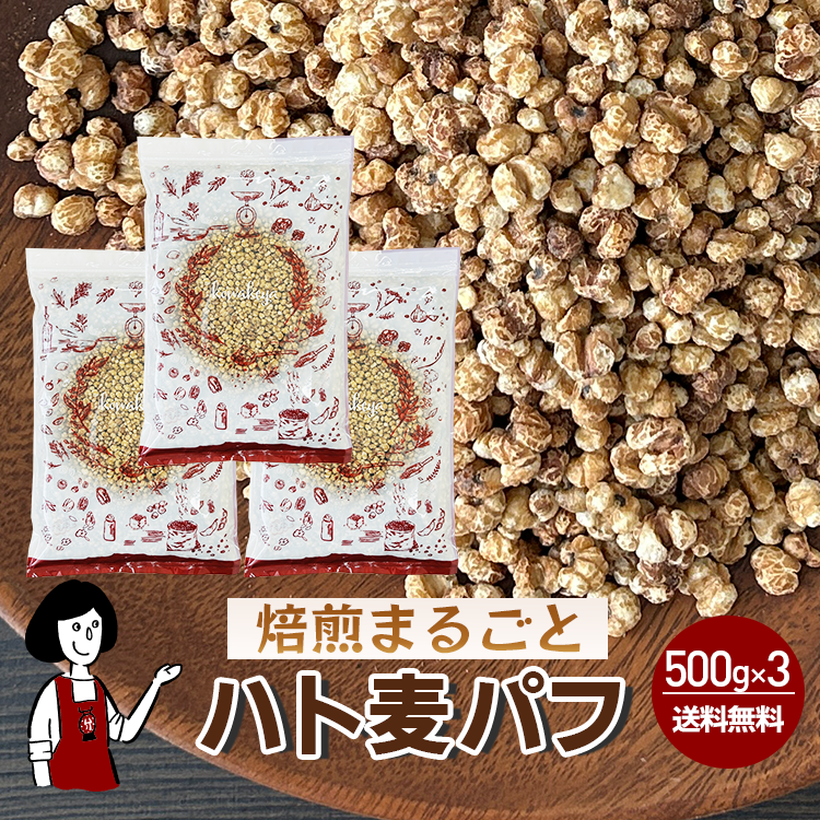 焙煎まるごとハト麦パフ 500g×3 / チャック付 宅配便 送料無料 無添加 無農薬 ノンフライ スナック