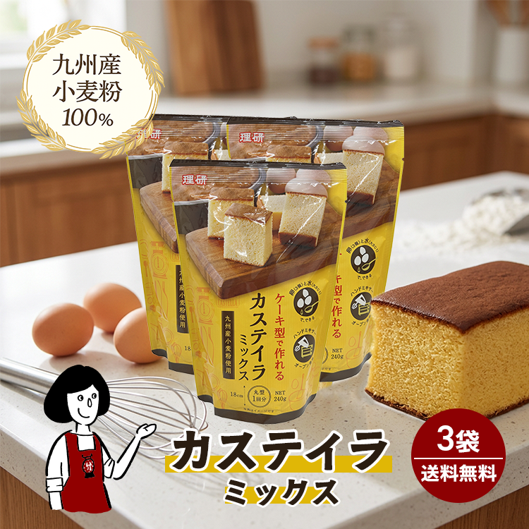 卵と水だけでできる カステイラミックス 240g×3個セット / 九州産小麦粉100%使用 カステラ 理研農産 送料無料